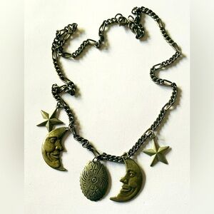 Vintage silver figaro necklace with sun, moon, southwestern charms, bohemian